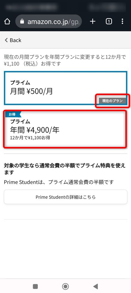 現在のプランが表示されるので「年間￥4,900円/年」をタップする画像