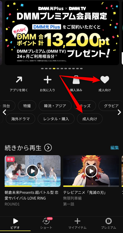 成人向けをタップする